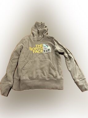 The North Face Olive Green Hoodie with Yellow Logo and Camo Accent
